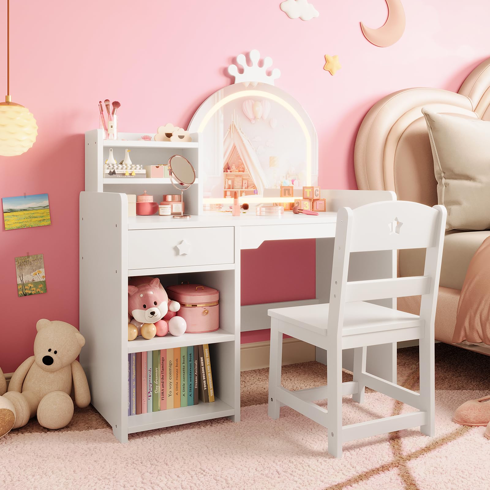 Kids Vanity Table & Chair Set  - đánh giá và giá Dressing Table Vanity With Lighted Mirror