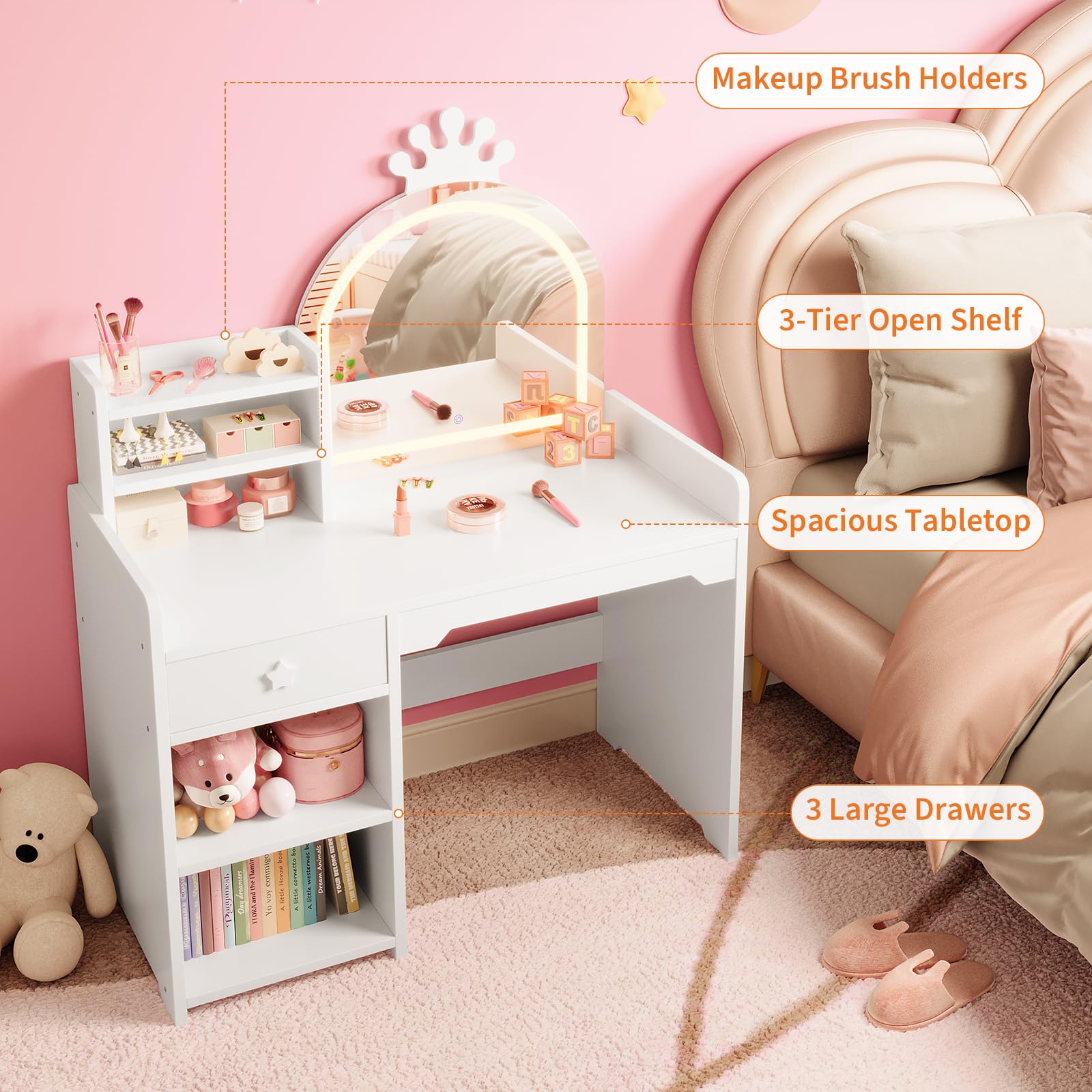 Kids Vanity Table & Chair Set  - đánh giá và giá Dressing Table Vanity With Lighted Mirror