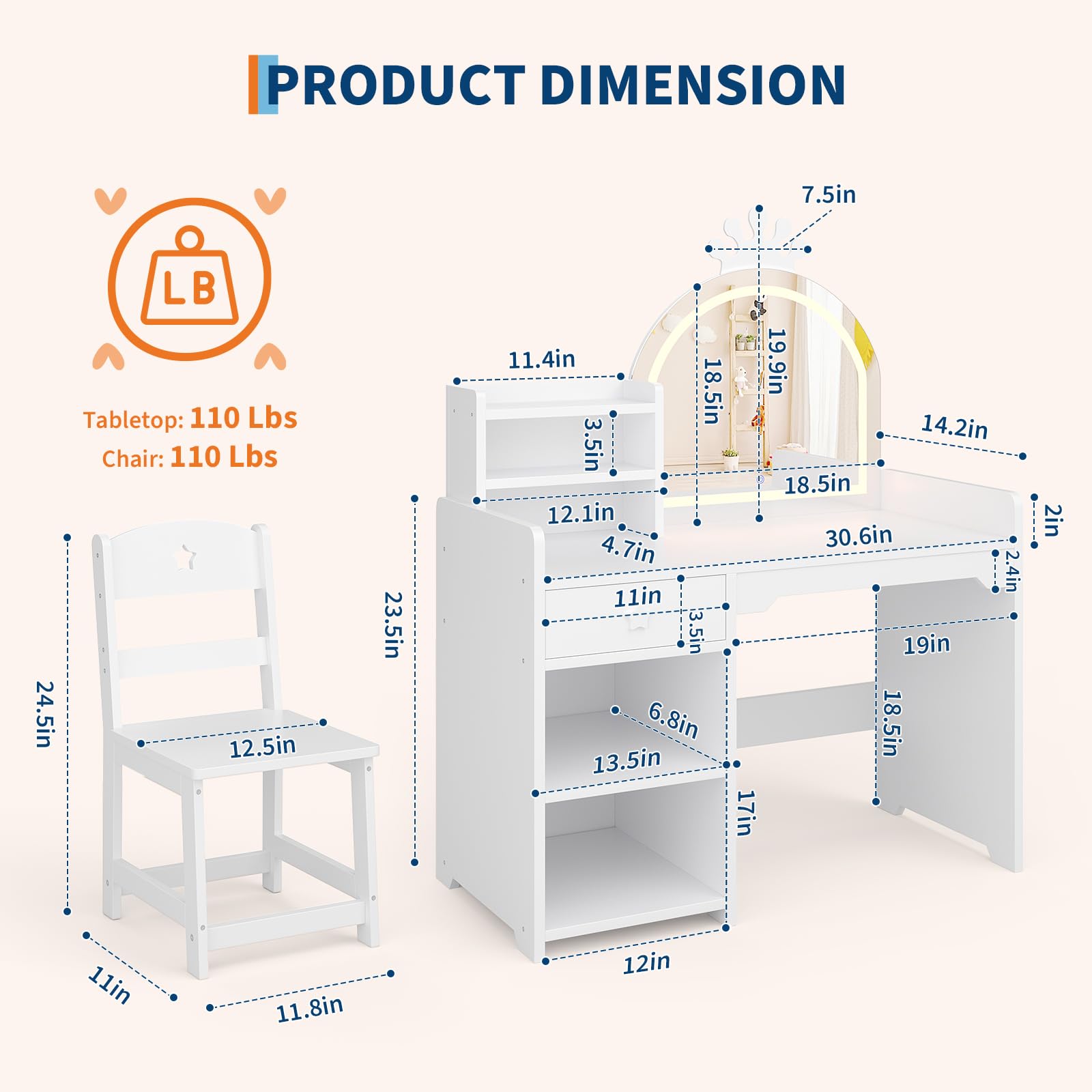 Kids Vanity Table & Chair Set  - đánh giá và giá Dressing Table Vanity With Lighted Mirror