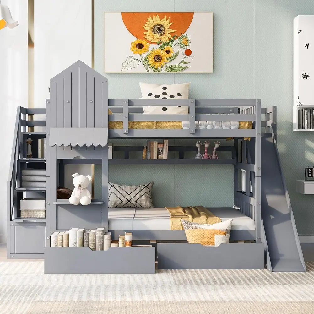 Full-Size Over Full Bunk Bed w - đánh giá và giá Bunk Bed With Stairs And Slide