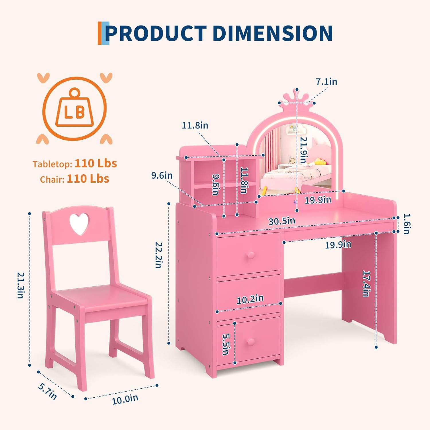 Kids Vanity Desk with Lighted  - đánh giá và giá Dressing Table Vanity With Lighted Mirror